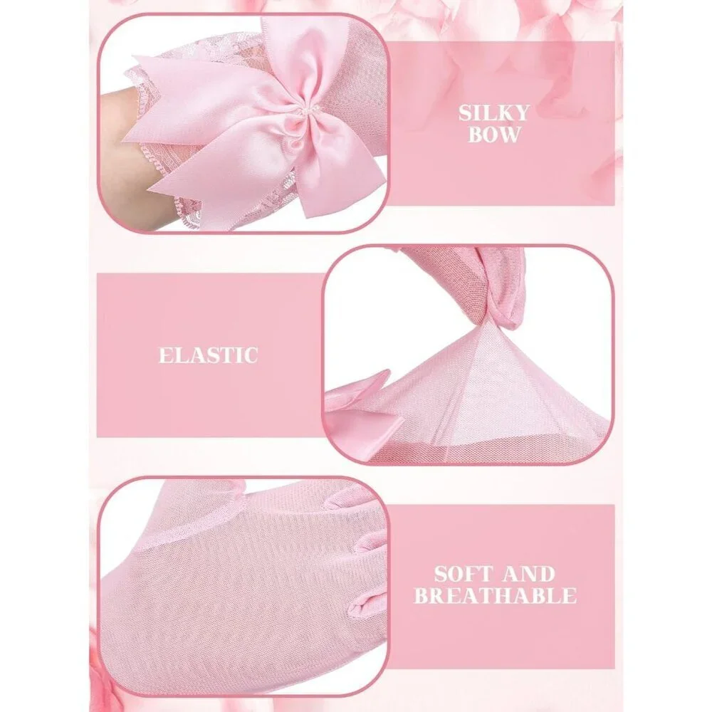 Women's Evening Pink Elegant Short Lace Bow Gloves Party Wedding Accessories